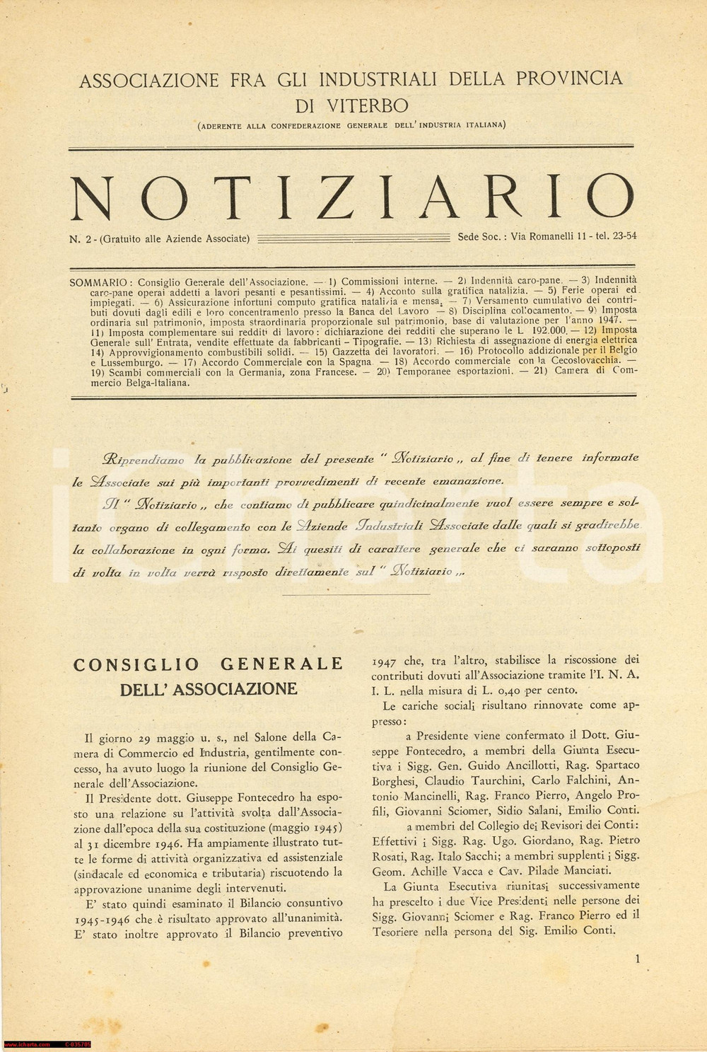 Giornale, rivista storica 1947 Associazione Industriali Provincia VITERBO  Notiziario  Ferie operai 1