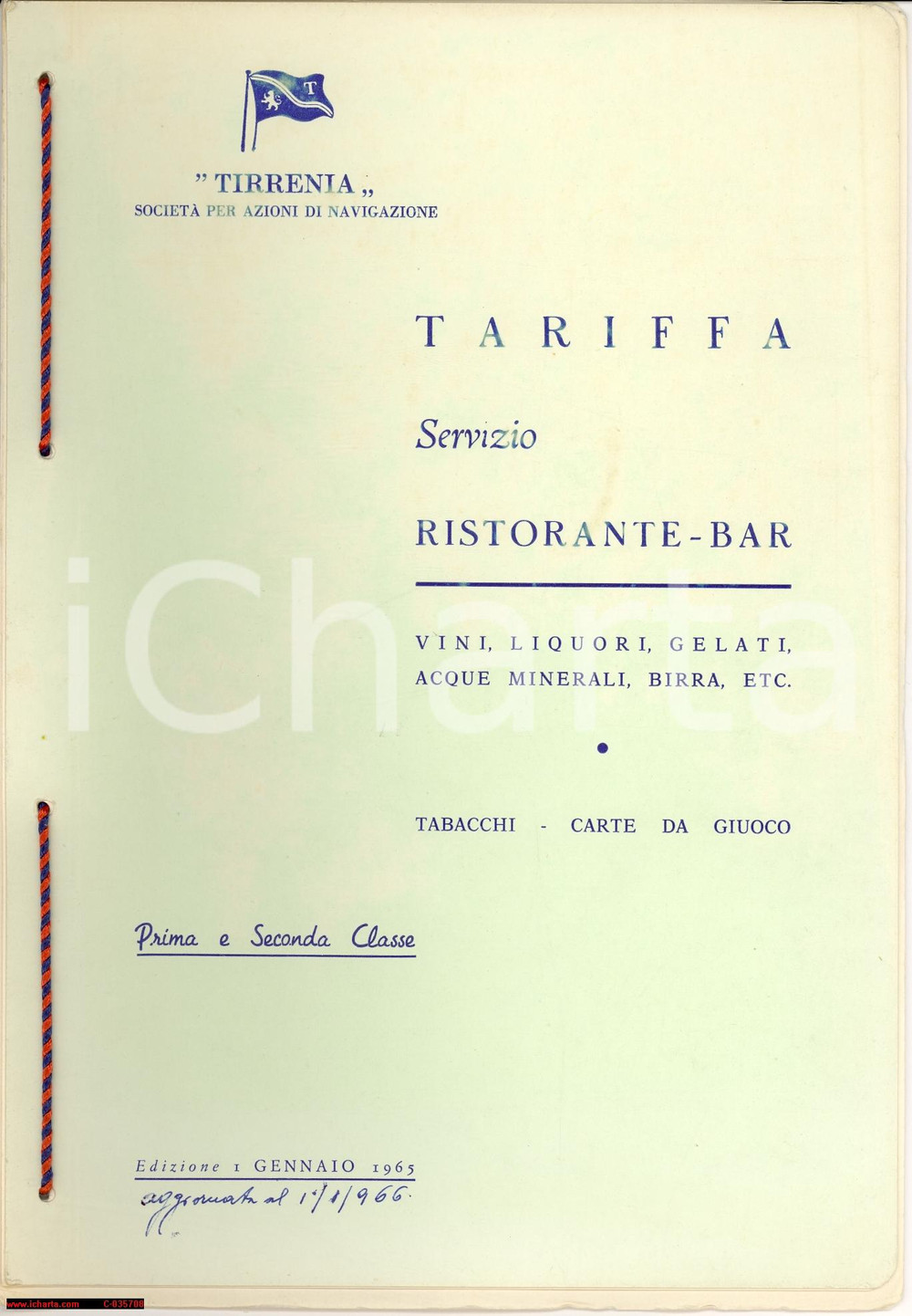 Materiale pubblicitario d’epoca 1965 TIRRENIA SOCIETA  DI NAVIGAZIONE Tariffe ristorante bar Opuscolo 1