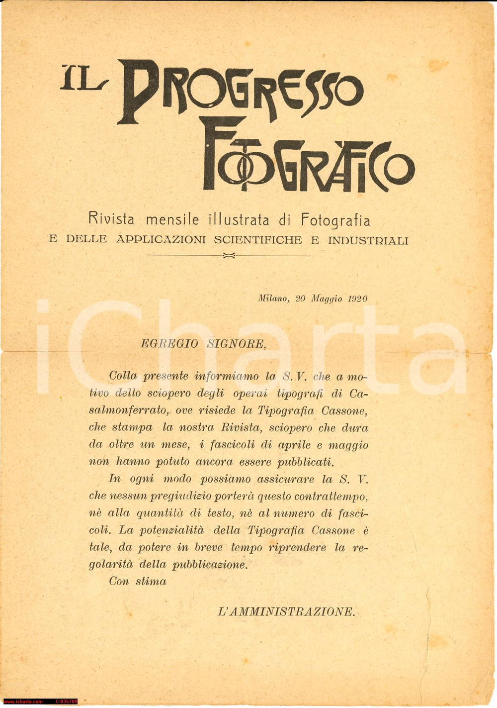 Documento originale, autentico 1920 PROGRESSO FOTOGRAFICO Sciopero biennio rosso Comunicazione agli abbonati 1