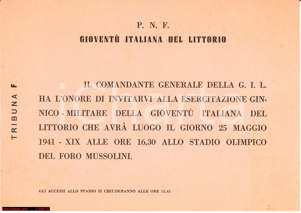 Oggetto da collezione cartaceo 1941 PNF GIL ROMA Esercitazioni al foro Mussolini Invito 1