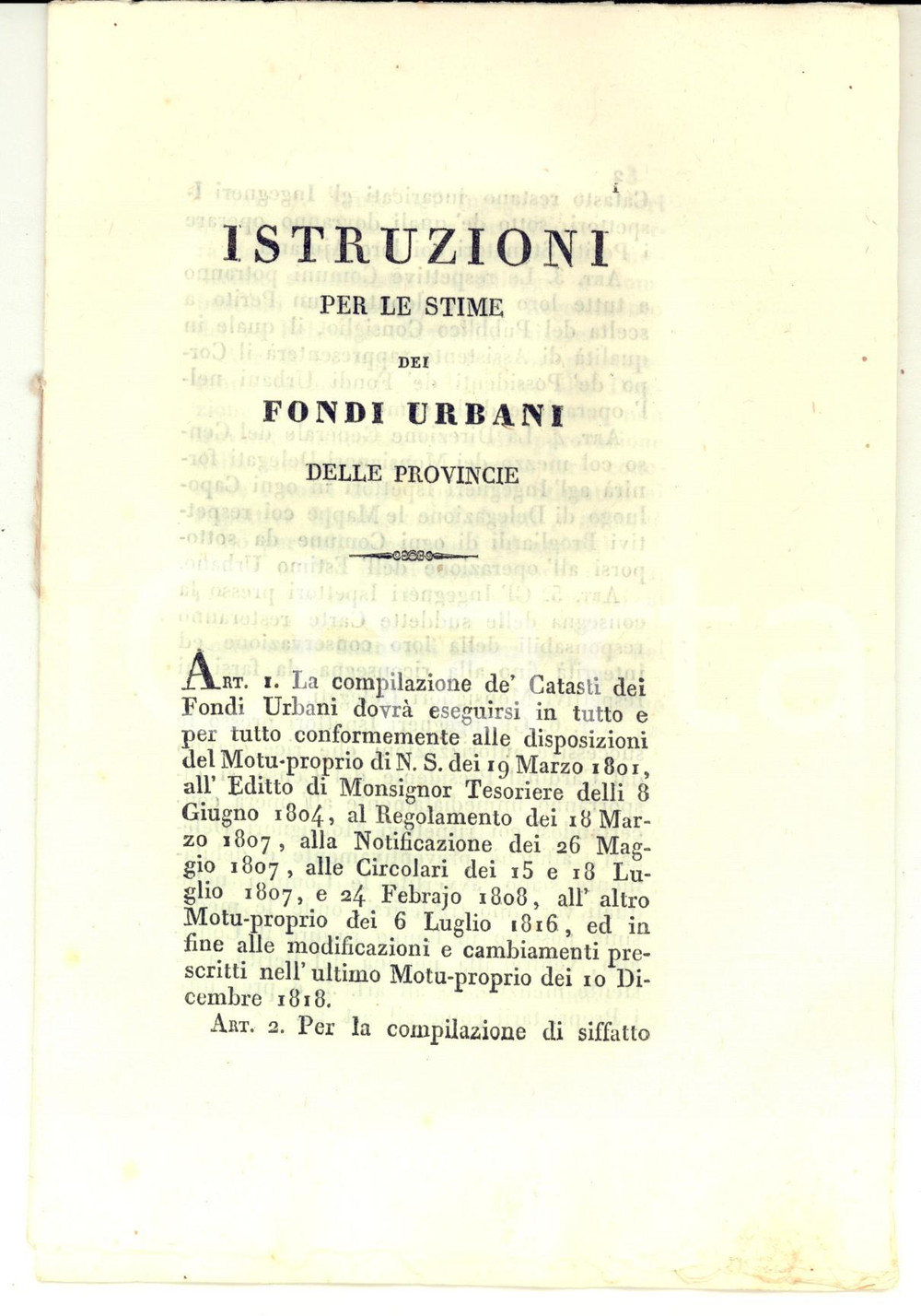 Documento originale, autentico 1821 STATO PONTIFICIO Istruzioni per le stime dei fondi urbani delle provincie 1