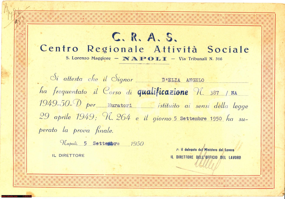 Oggetto da collezione cartaceo 1950 NAPOLI CRAS DIPLOMA DI MURATORE 1