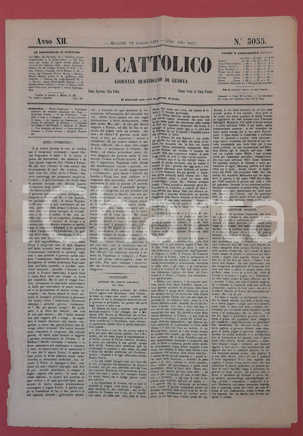 Giornale, rivista storica 1860 IL CATTOLICO  Giornale Quotidiano di GENOVA  Il Protestantesimo e il Papa 1