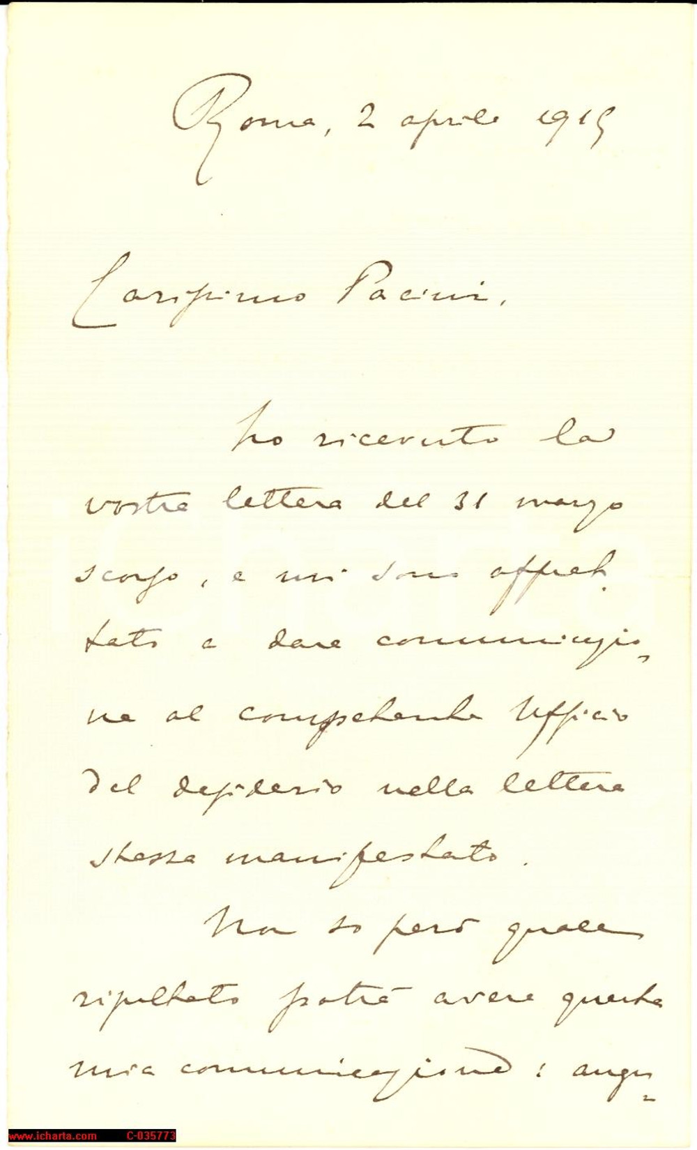 Documento originale, autentico 1915 ROMA Giuseppe NAGLIATI promette un favore all'amico PACINI *Lettera 1