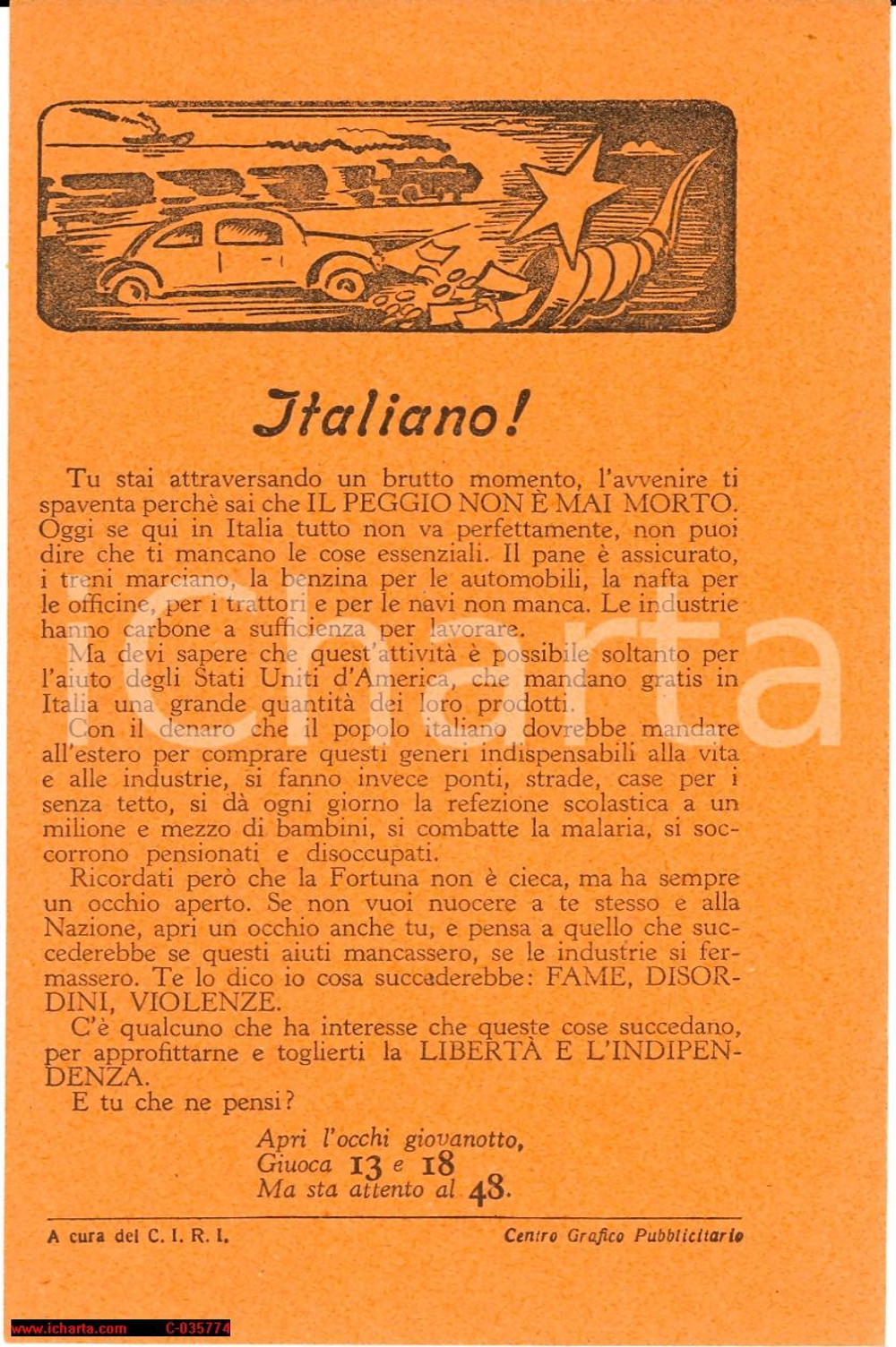 Materiale pubblicitario d’epoca 1948 Elezioni politiche - Propaganda: Italiano! 1