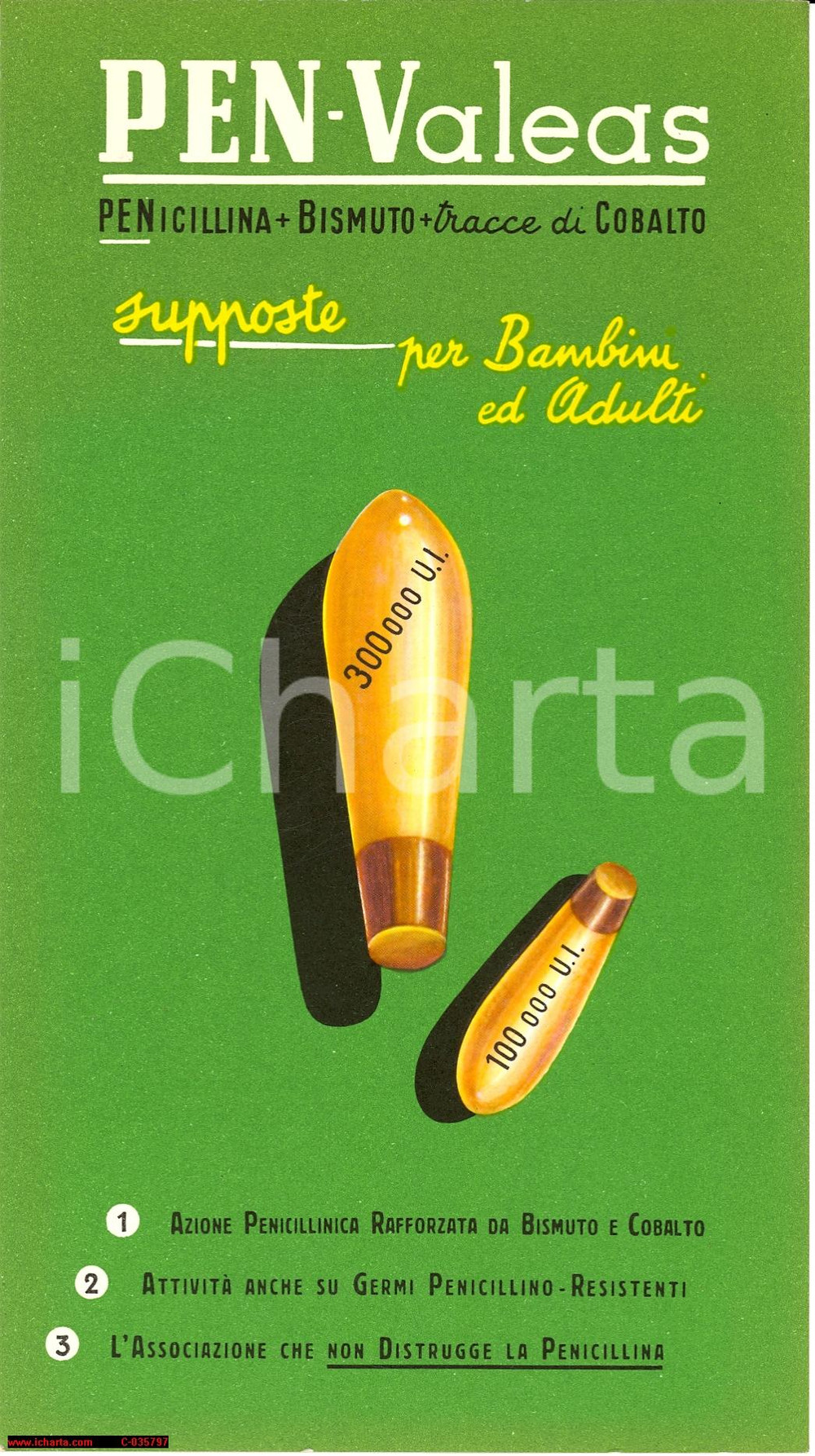 Materiale pubblicitario d’epoca 1955 PEN VALEAS Supposte  cartoncino pubblicitario 1