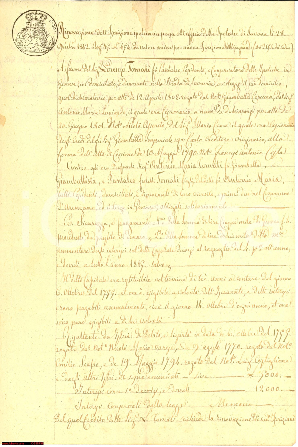 Documento originale, autentico 1822 ARENZANO Lorenzo Tomati rinnova l'ipoteca 1