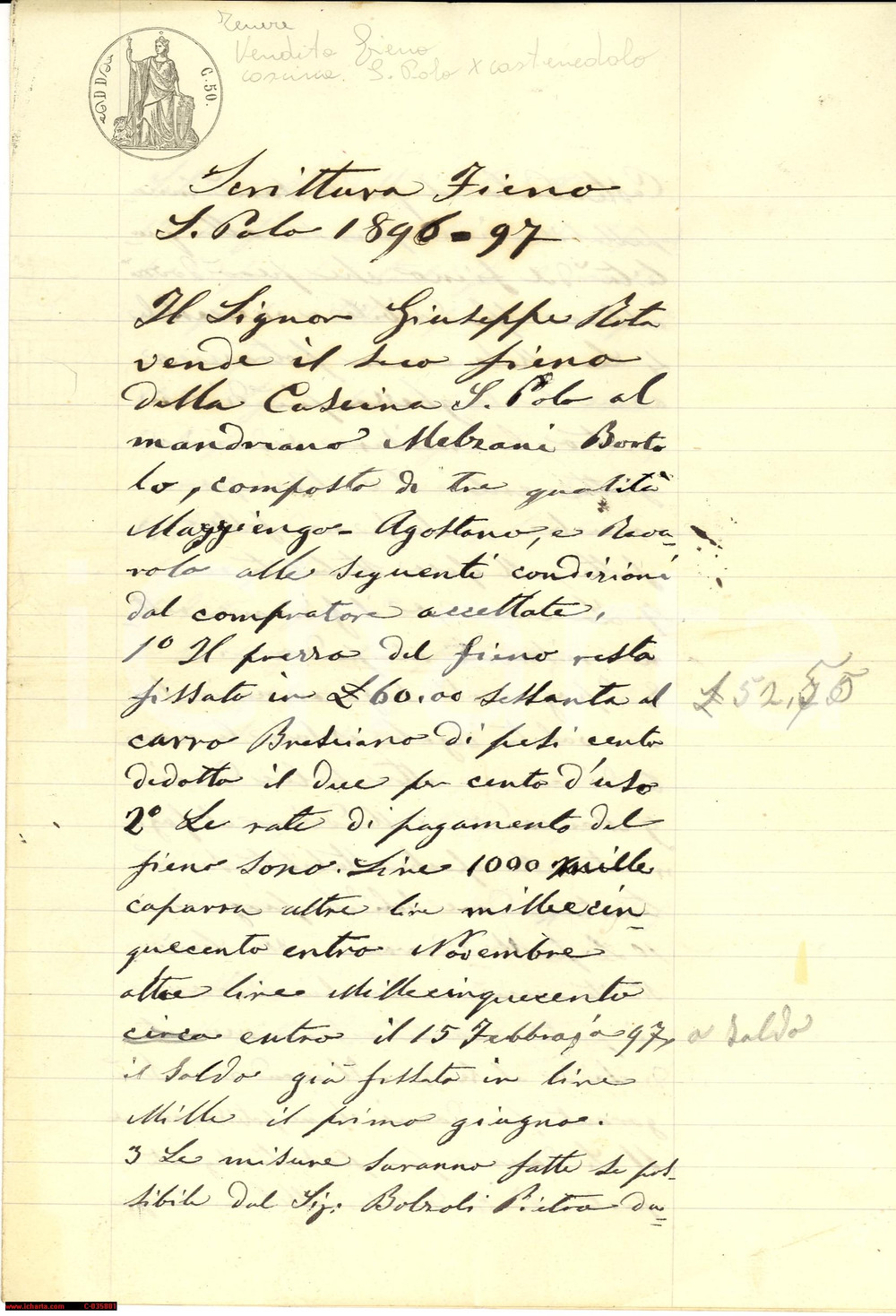 Manoscritto, lettera originale 1896 Castenedolo San Polo, contratto per la vendita di fieno 1