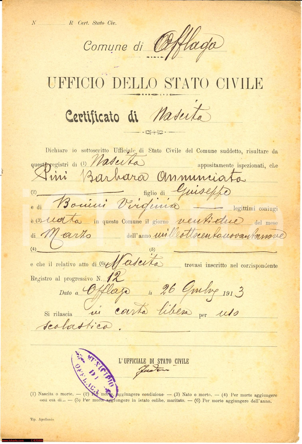 Documento originale, autentico 1913 OFFLAGA (BS) Certificato di nascita 1