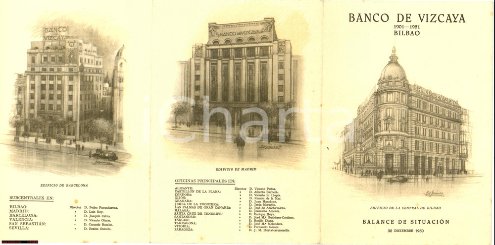 Documento originale, autentico 1950 Banco de Vizcaya Bilbao Bilancio   Pieghevole pubblicitario 1