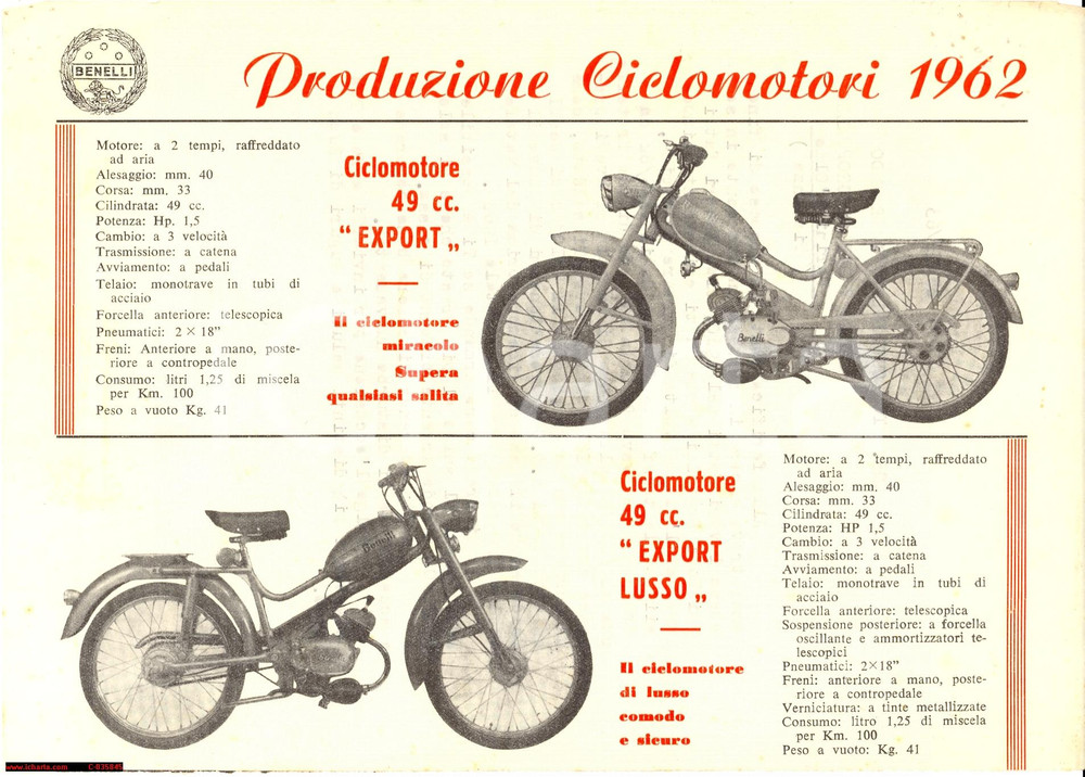 Materiale pubblicitario d’epoca 1962  BENELLI Produzione Ciclomotori 49 cc VOLANTINO D EPOCA 1