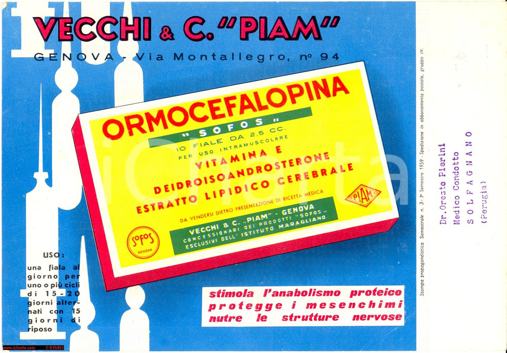 Materiale pubblicitario d’epoca 1959 Ormocefalopina  Vecchi e C. Piam  Genova Cartoncino pubblicitario 1