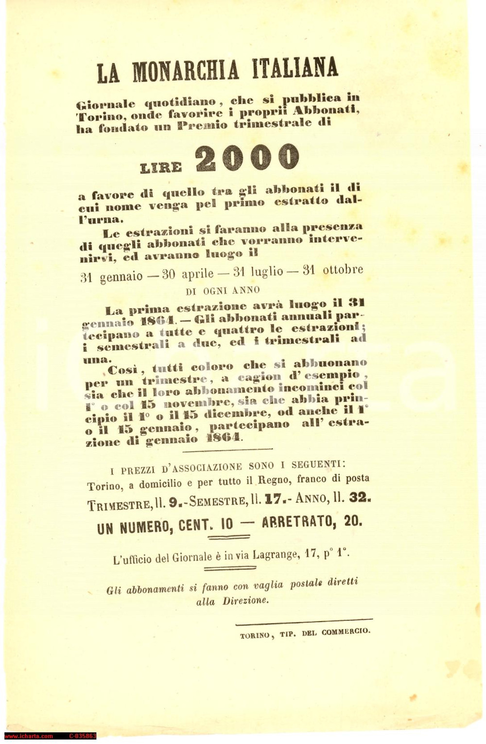 Oggetto da collezione cartaceo 1864 TORINO Concorso a premi tra gli abbonati quotidiano La Monarchia Italiana 1