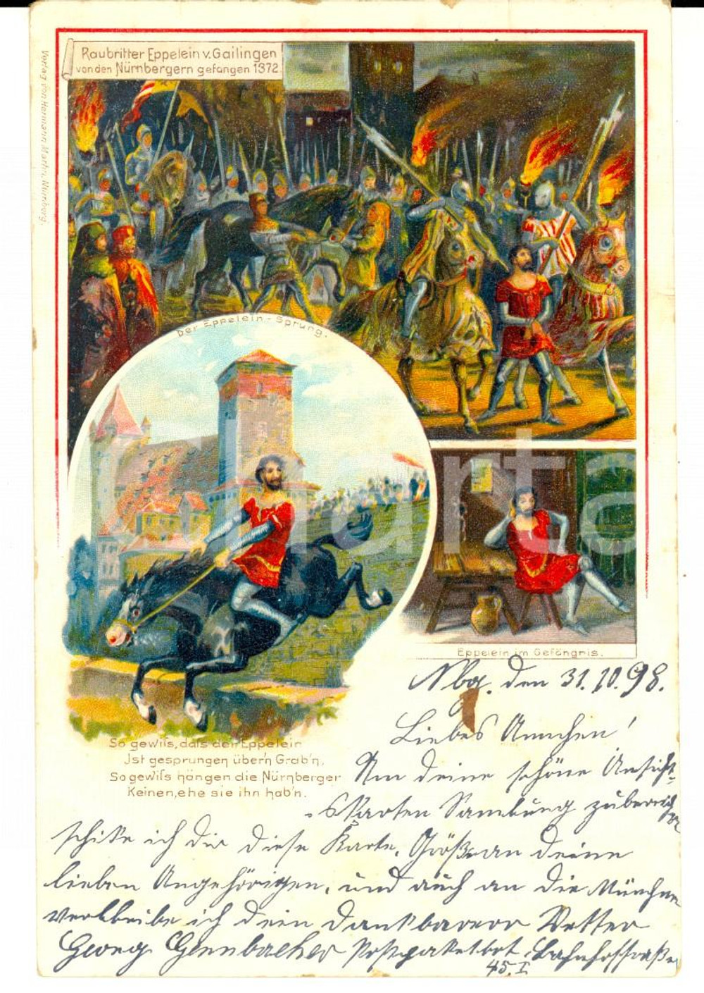 Cartolina originale da collezione 1898 Raubritter Eppelein von GAILINGEN VINTAGE ILLUSTRATED postcard FP VG 1