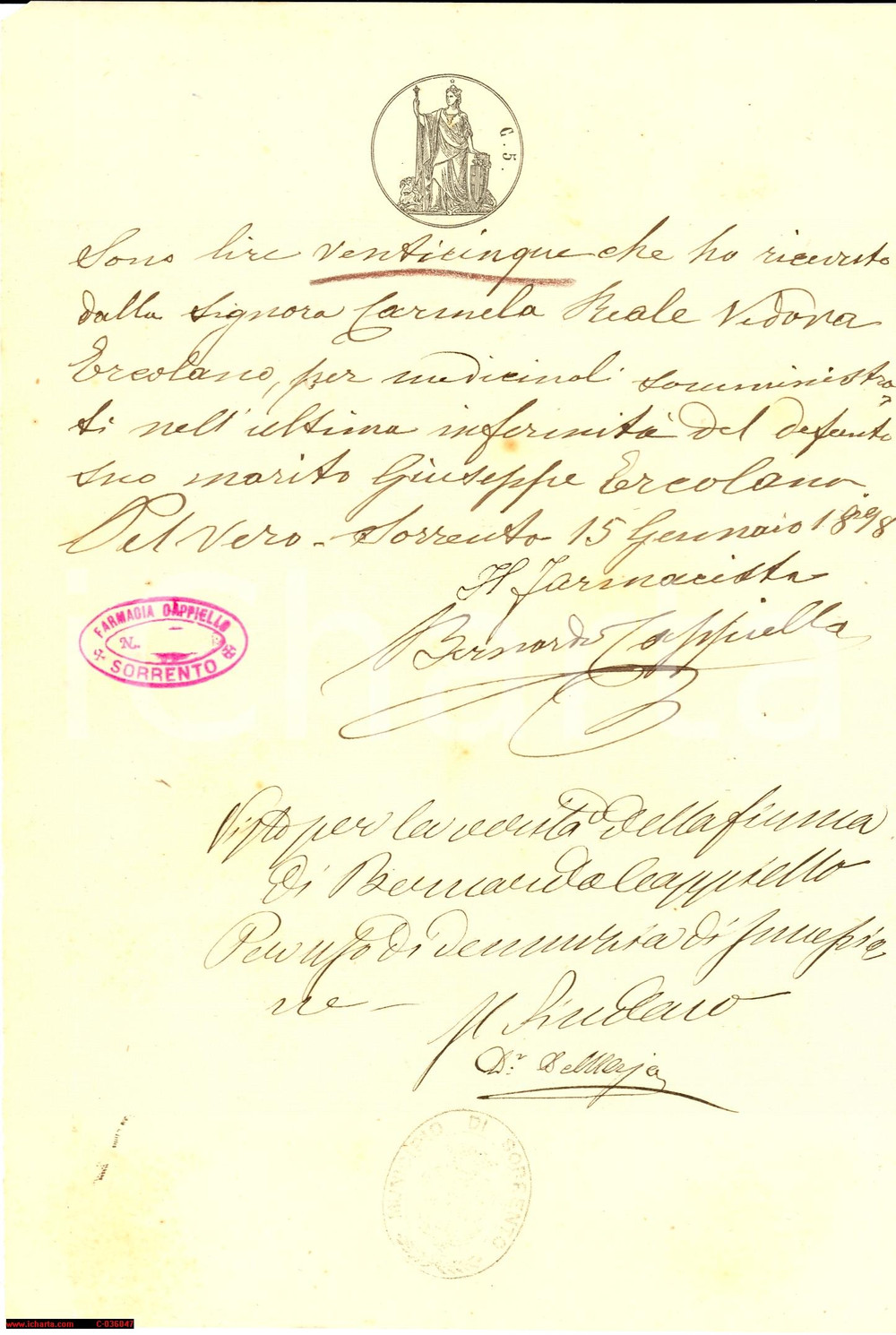 Documento originale, autentico 1898 SORRENTO (NA) conto farmacista Bernardo CAPPIELLO 1