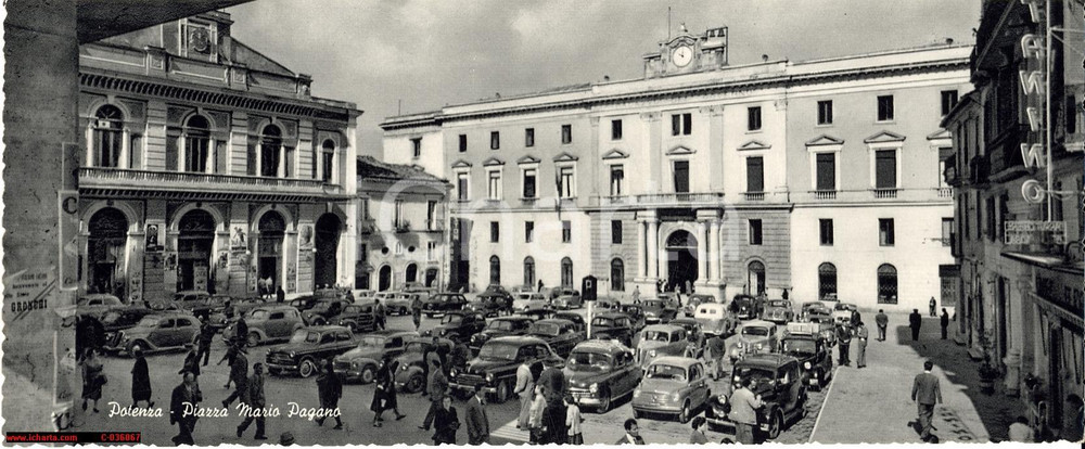Cartolina originale da collezione 1955 ca POTENZA Piazza Mario PAGANO Animata Manifesto Giovanni GRONCHI Cartolina 1
