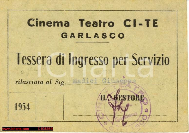 Oggetto da collezione cartaceo 1954 Garlasco  Tessera Ingresso Cinema Teatro  CiTe 1