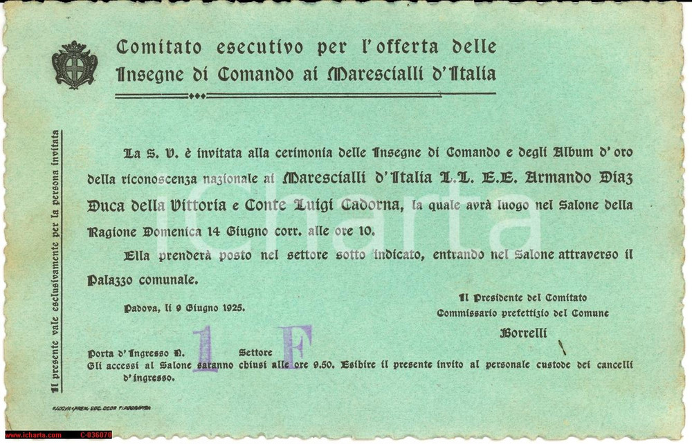 Oggetto da collezione cartaceo 1925 Padova insegne Marescialli DIAZ e CADORNA 1