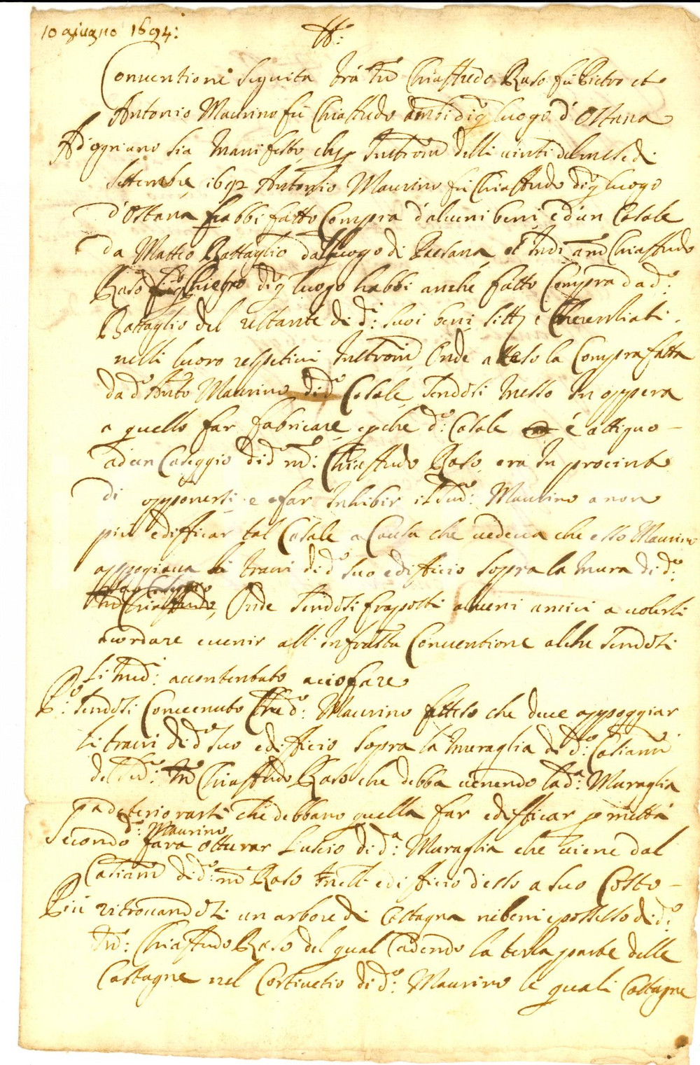 Documento originale, autentico 1694 OSTANA (CN) Accordo tra Chiaffredo RASO e Antonio MAURINO per muraglia 1
