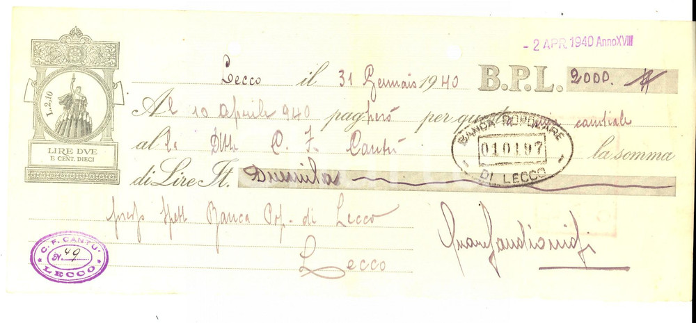 Oggetto da collezione cartaceo 1940 BANCA POPOLARE DI LECCO Cambiale pro ditta C. F. CANTU' 1