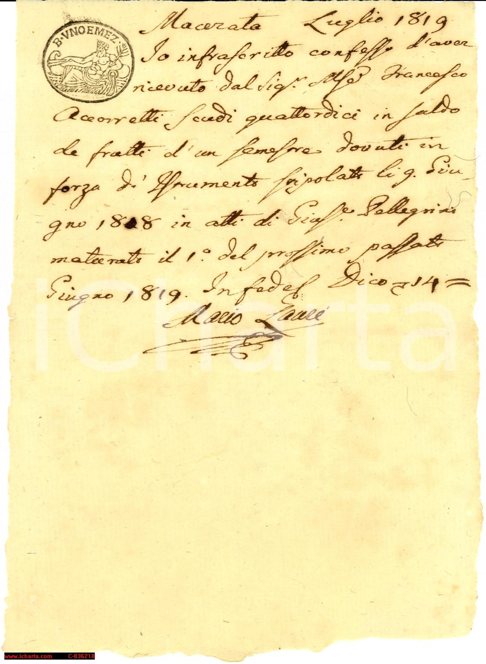 Documento originale, autentico 1819 MACERATA Marchese Francesco ACCORRETTI a LAURE' 1