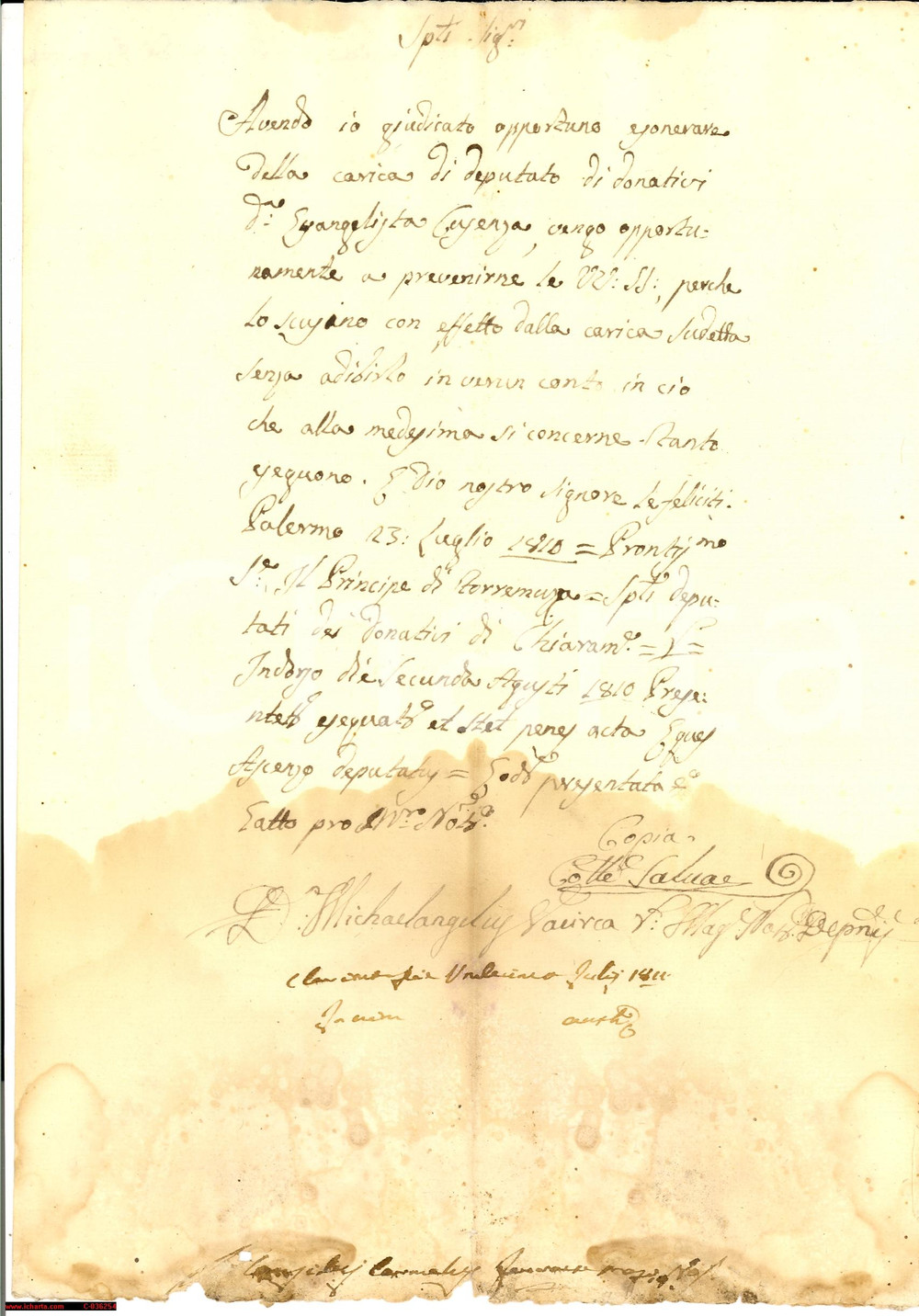 Documento originale, autentico 1810 CHIARAMONTE (RG) Evangelista CUSENZA esonerato 1