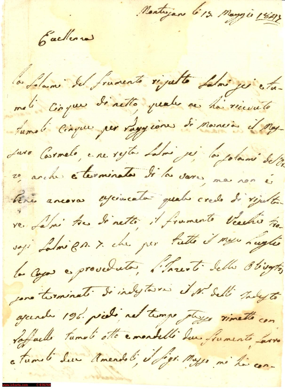 Manoscritto, lettera originale 1847 SAN GIACOMO MONTESANO (RG) Mancia massaro Carmelo 1