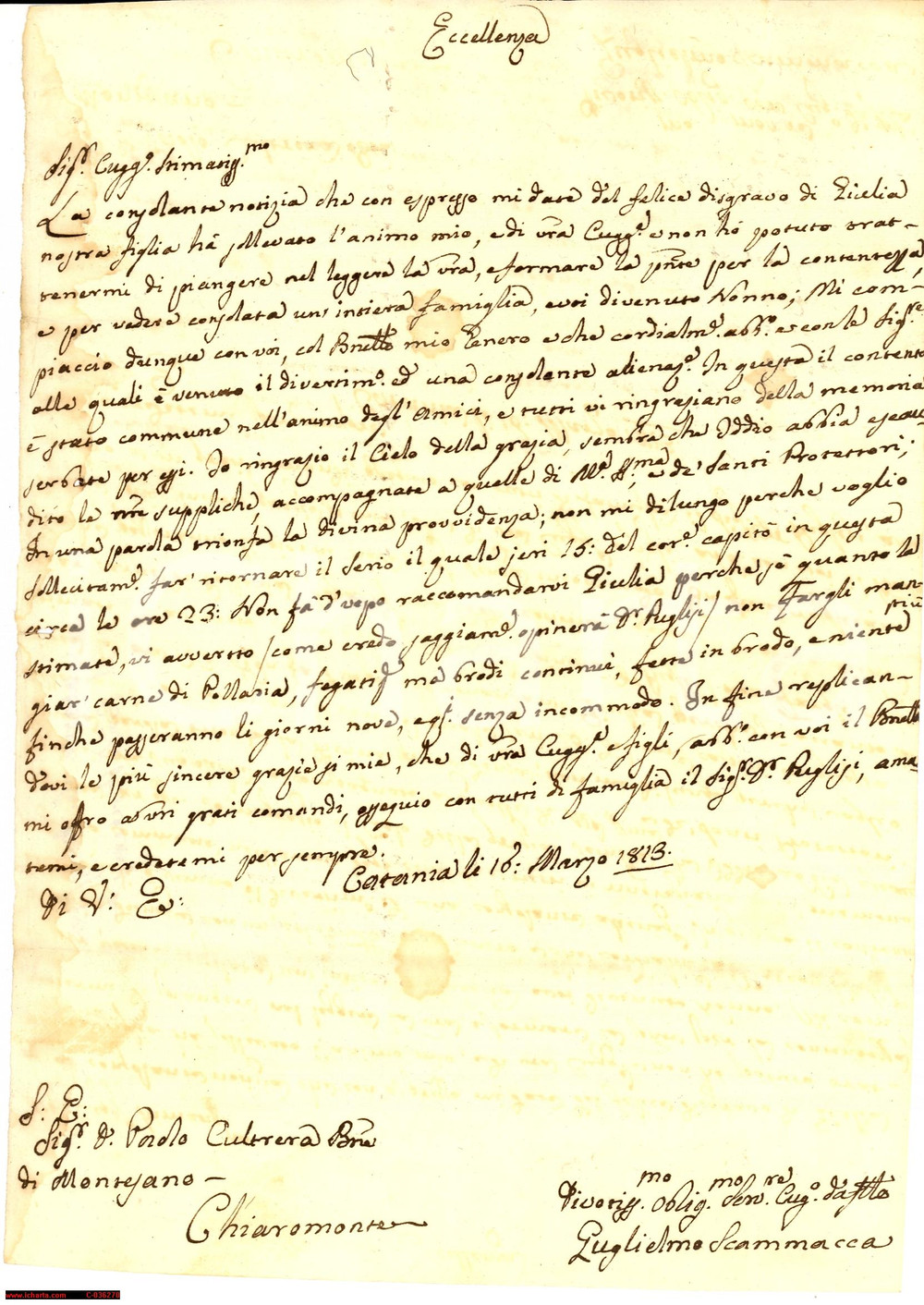 Manoscritto, lettera originale 1813 CHIAROMONTE GULFI Guglielmo Scammacca al Barone Cultrera nascita nipote 1