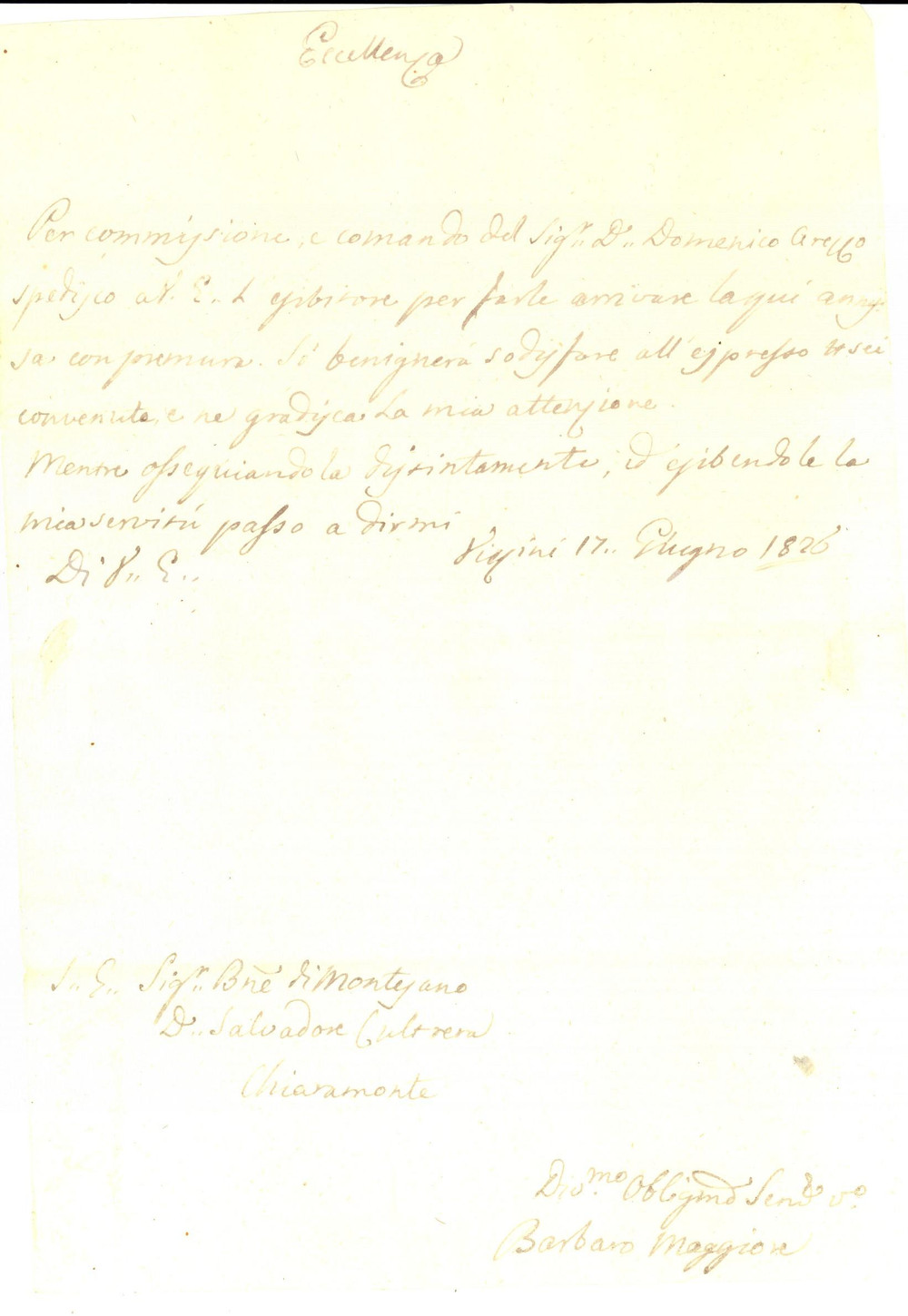Manoscritto, lettera originale 1826 VIZZINI (CT) Barbaro MAGGIORE a don Salvatore CULTRERA per invio documenti 1