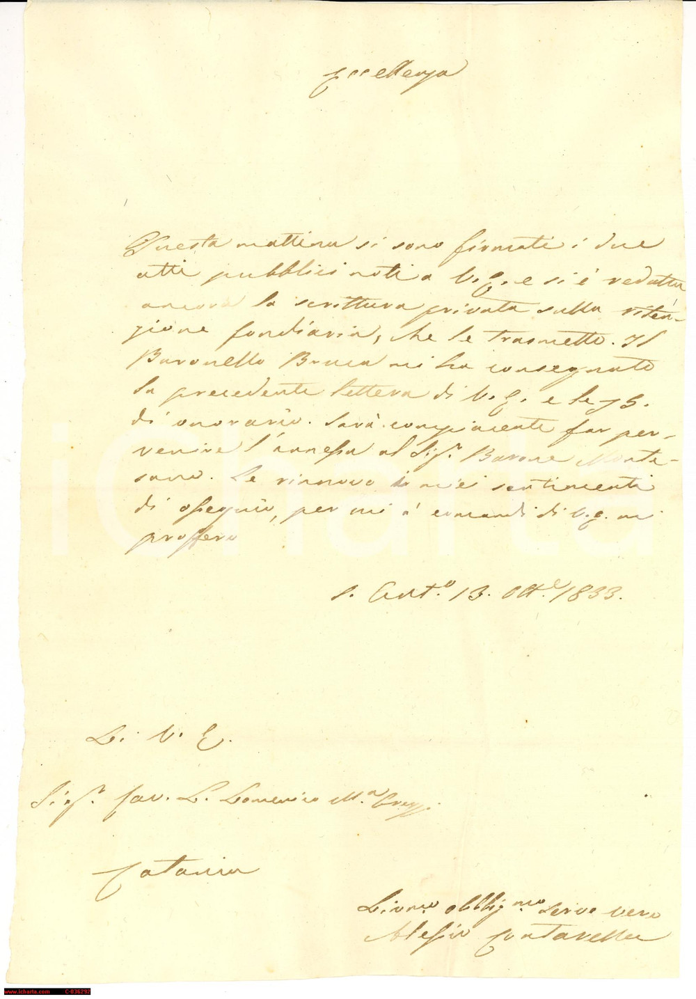Manoscritto, lettera originale 1833 CATANIA Vendite di proprietà dei Baroni della BRUCA Lettera 1