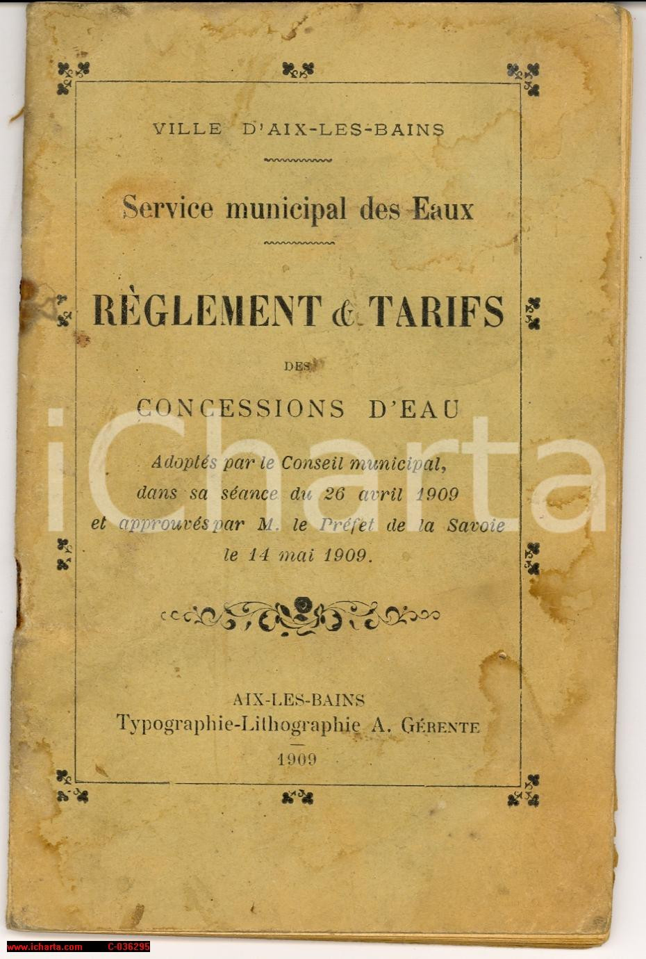 Libro, pubblicazione d epoca 1909 AIX LES BAINS FRANCE Règlement et tarifs des concessions d eau 50 p. 1