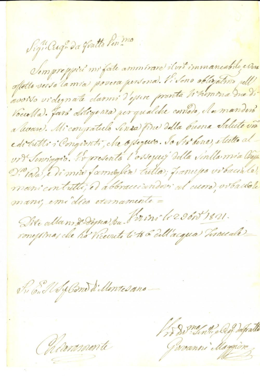 Manoscritto, lettera originale 1821  VIZZINI Giovanni MAGGIORE pronto a ricevere il cugino barone di MONTESANO 1