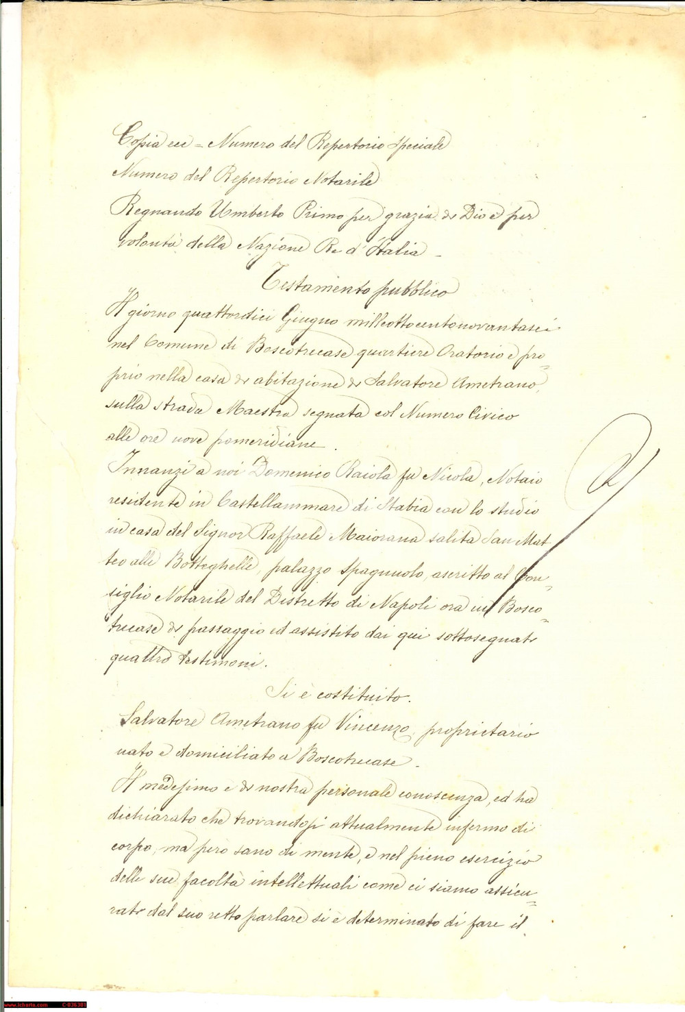 Documento originale, autentico 1900 BOSCOTRECASE (NA) AMETRANO ereditÃ  a figli maschi 1