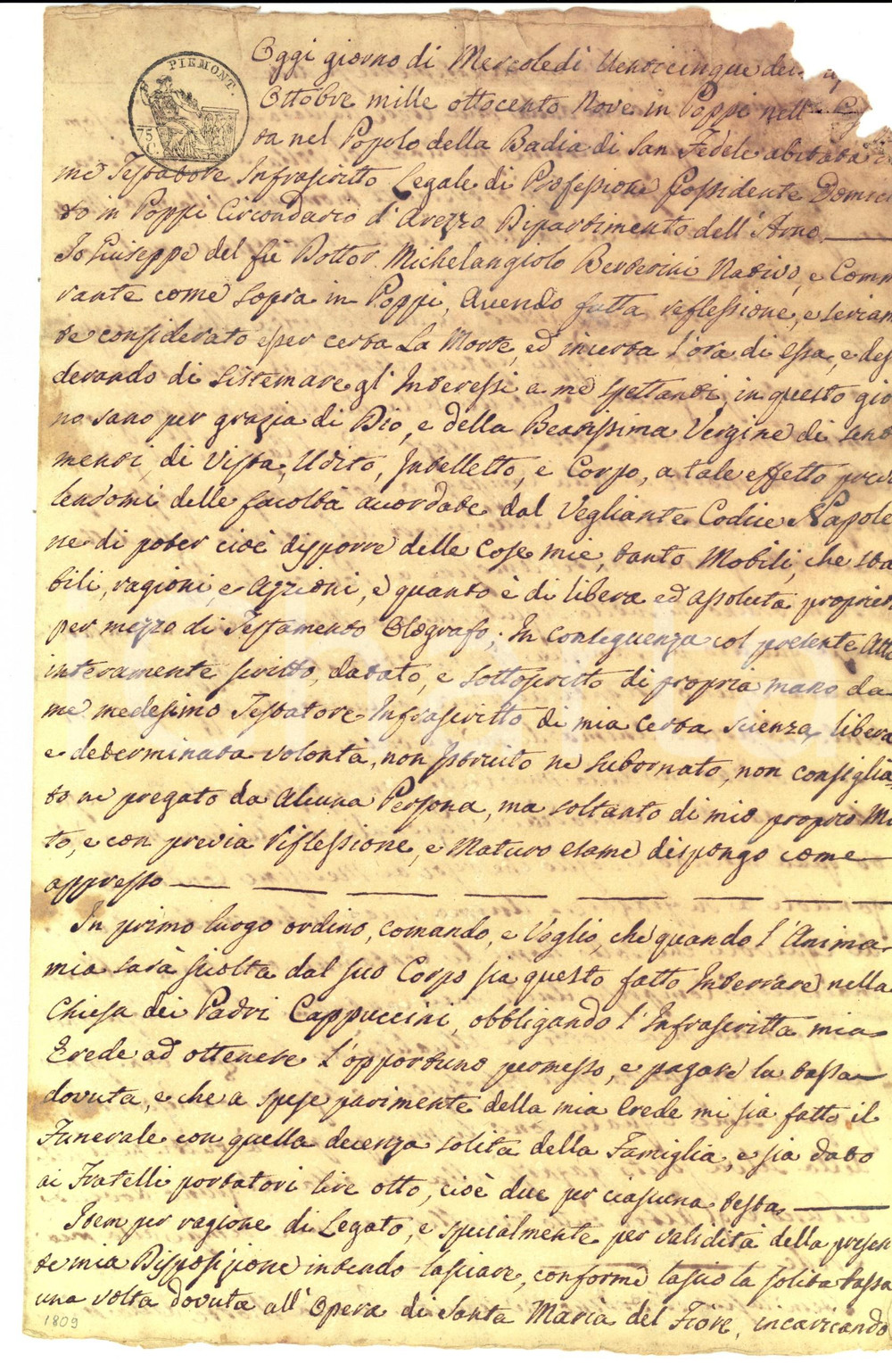 Documento originale, autentico 1809 POPPI (AR) Testamento Giuseppe BERBERINI pro moglie Elisabetta FABBRI 1