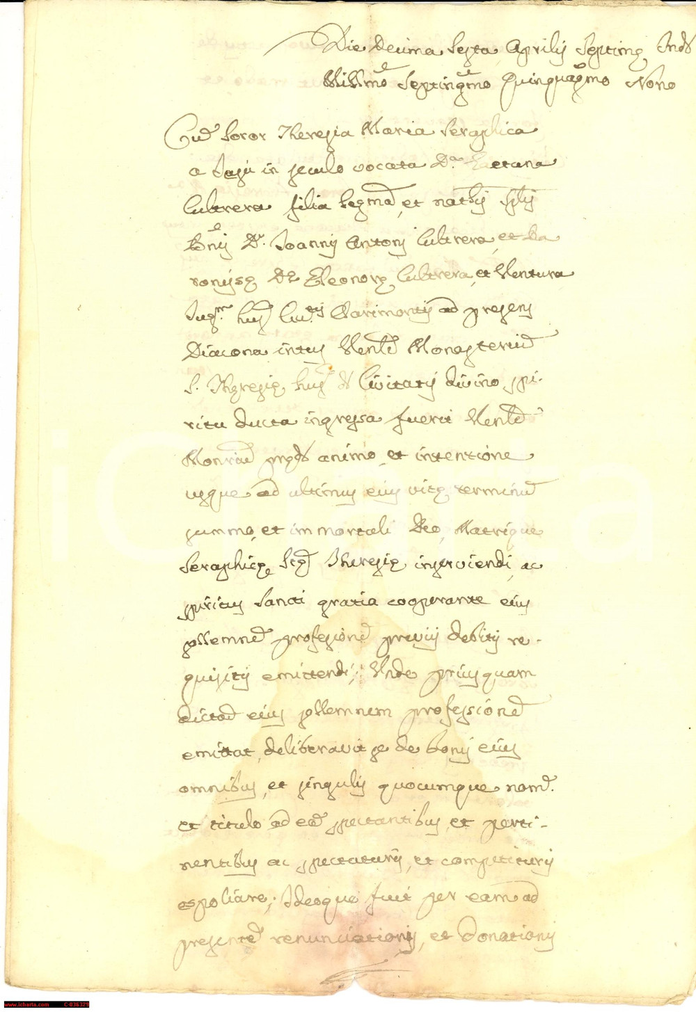 Documento originale, autentico 1759 CHIARAMONTE GULFI Gaetana CULTRERA prende i voti 1