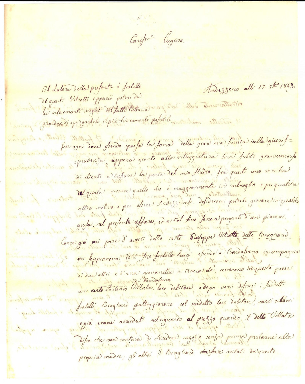 Autografo originale 1843 ANDEZENO (TO) Avv. Vittorio VILLA difende aggressore VITROTTI *AUTOGRAFO 1