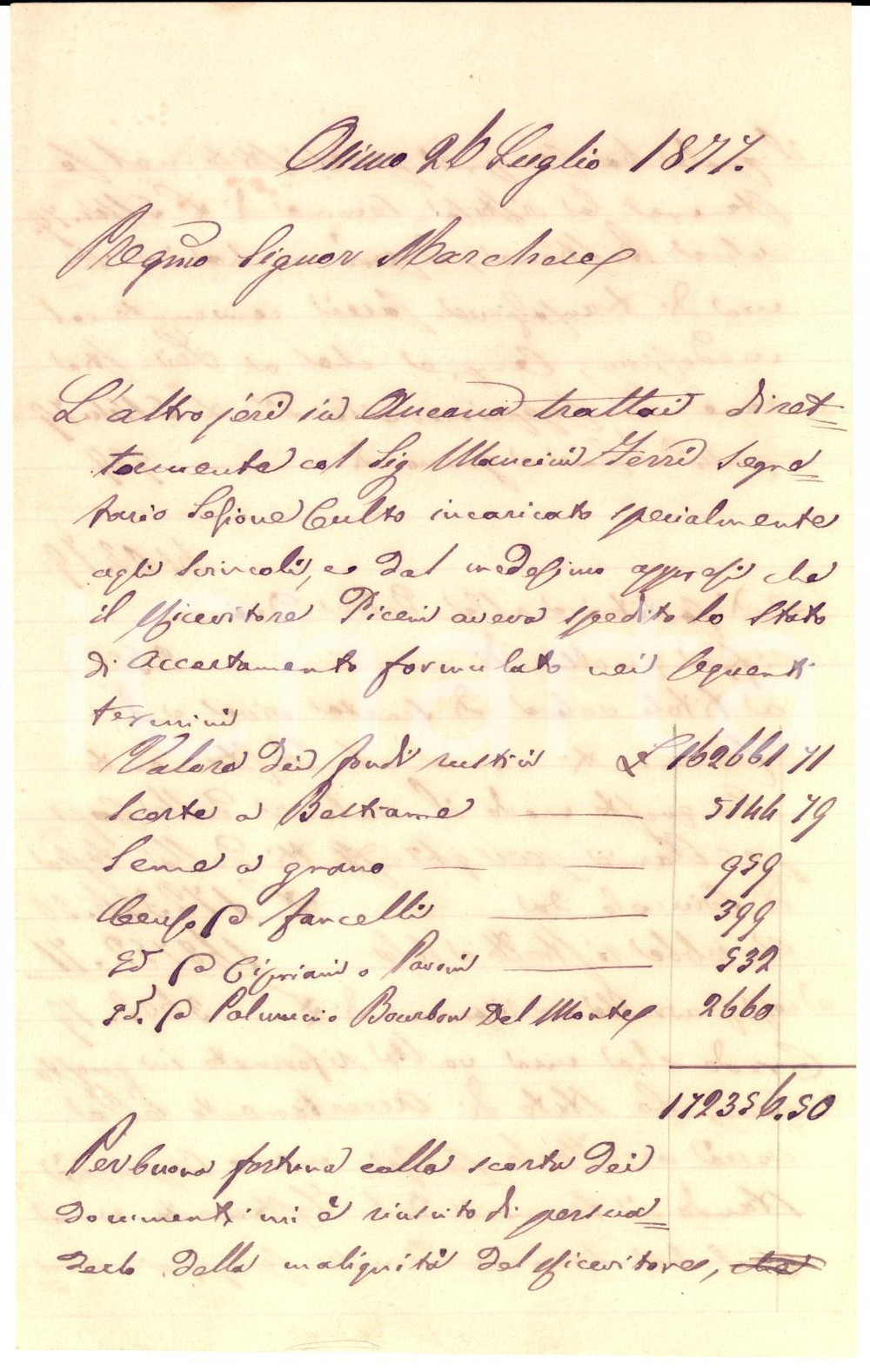 Manoscritto, lettera originale 1877 OSIMO AN Notaio Erasmo BUONANOTTE sulla malignità del ricevitore PICENI 1