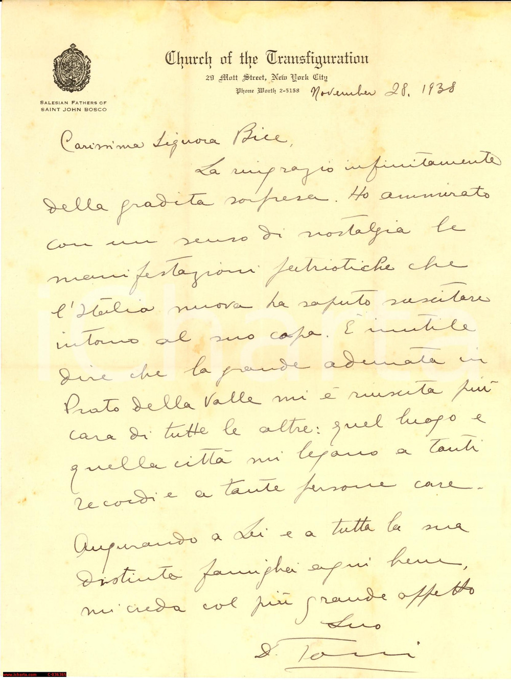 Manoscritto, lettera originale 1938 NEW YORK Church of the Transfiguration  Salesiani pro Duce Lettera 1
