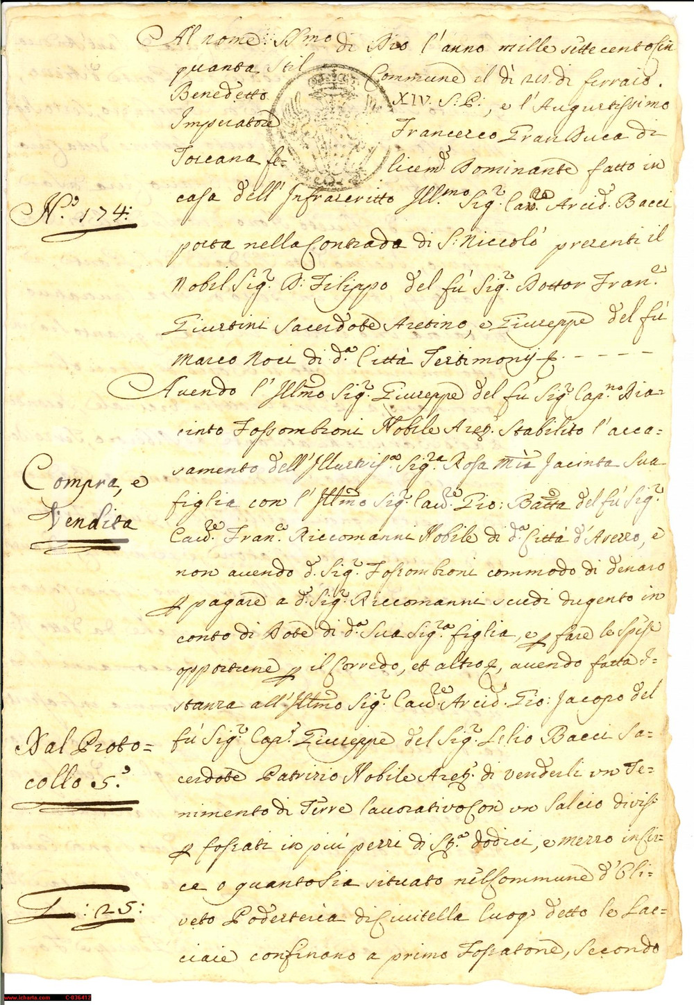 Documento originale, autentico 1750 OLIVETO (AR) dote di ROSA FOSSOMBRONI manoscritto 1