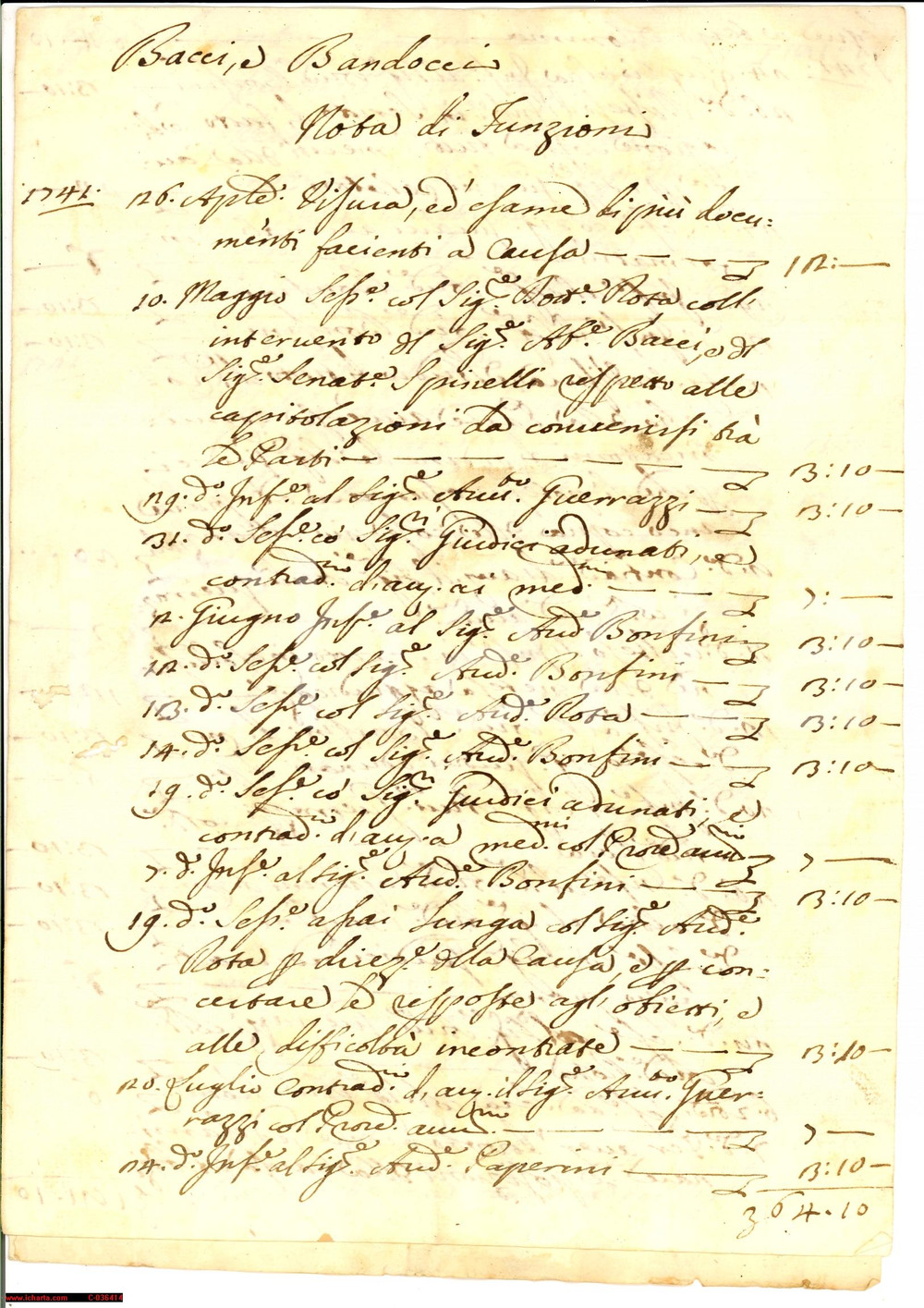 Documento originale, autentico 1741 AREZZO avv. BACCI fatiche e sessioni quotidiane 1