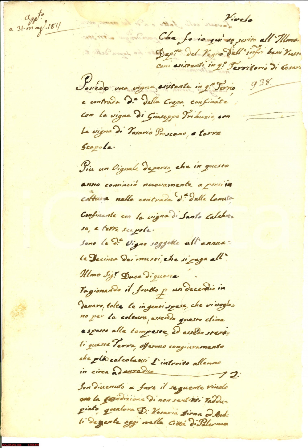 Documento originale, autentico 1811 CESARO' (ME) Vigna Calogero SIRNA Contrada CROPA 1
