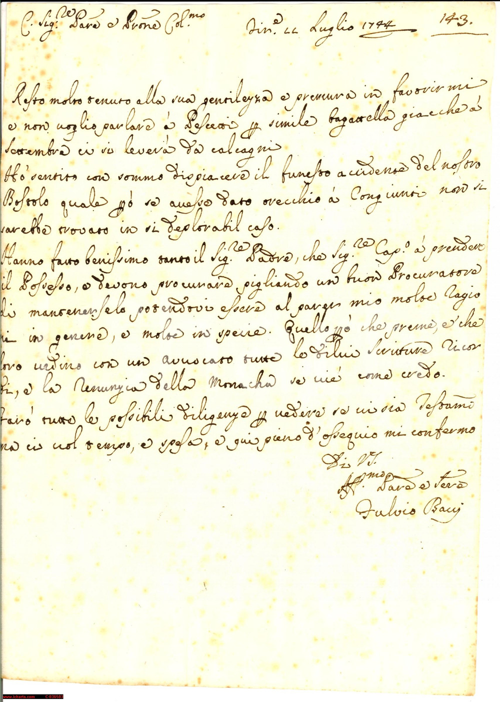 Documento originale, autentico 1744 FIRENZE Fulvio BACCI cerca buon procuratore AREZZO 1