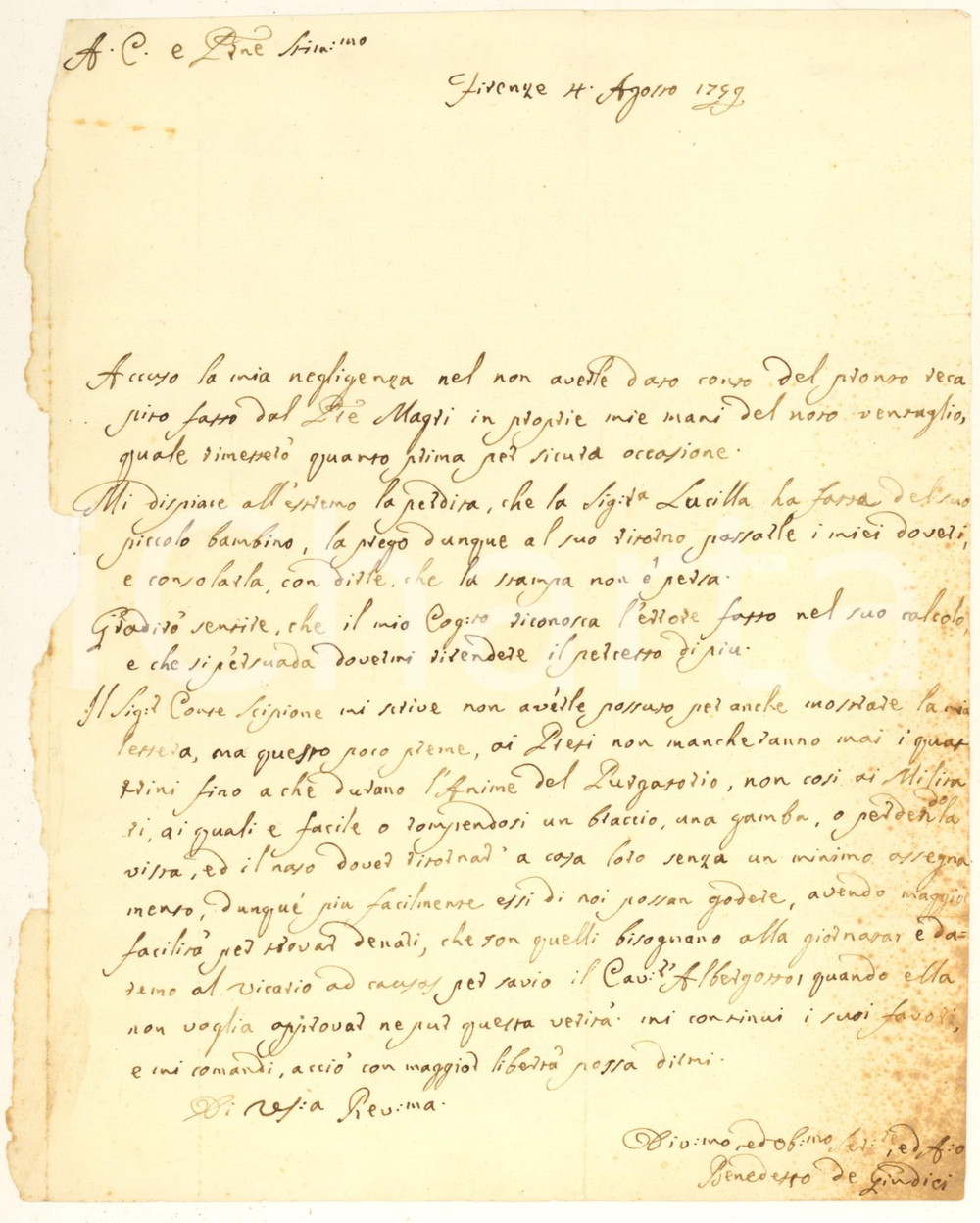 Documento originale, autentico 1749 FIRENZE Benedetto DE  GIUDICI Ai preti non mancheranno mai i quattrini 1