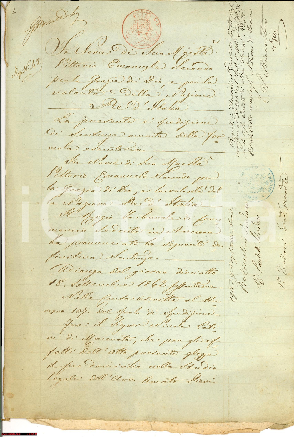 Documento originale, autentico 1862 ANCONA Pietro ACCORRETTI perde processo paga spese 1