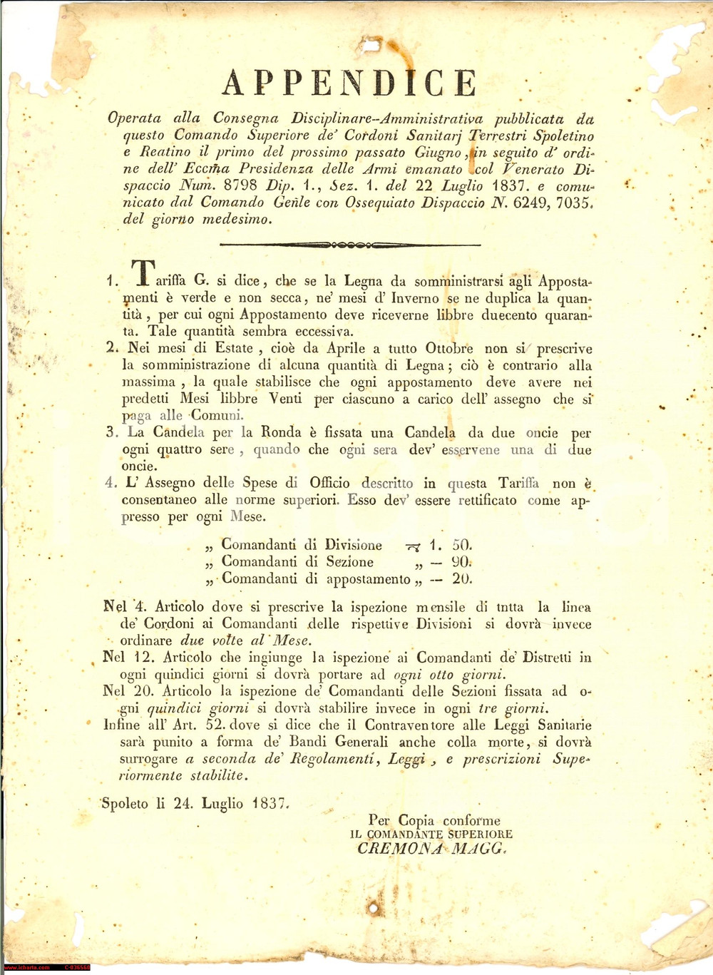 Documento originale, autentico 1837 SPOLETO (PG) legna e candele per appostamenti 1