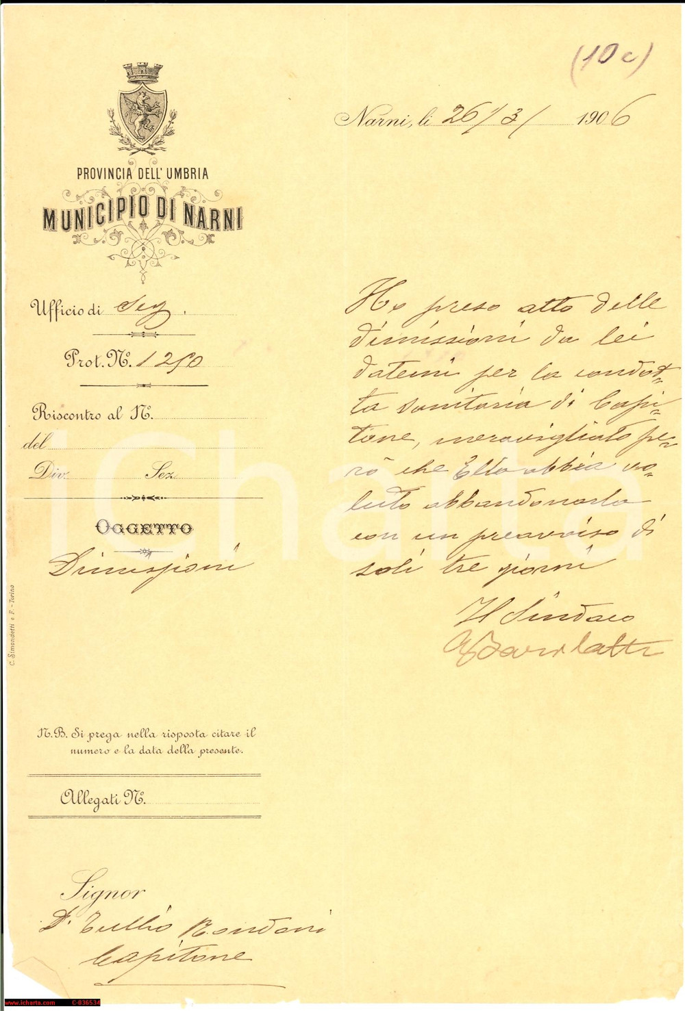 Documento originale, autentico 1906 NARNI sindaco Barilatti dimissioni medico condotto 1