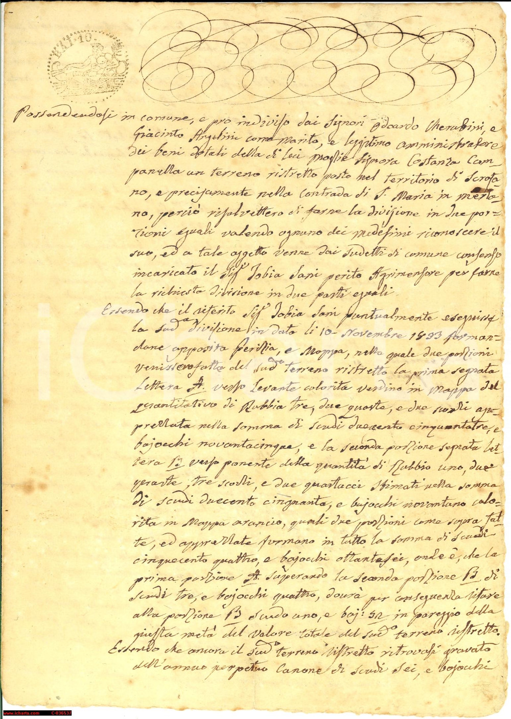 Documento originale, autentico 1834 SACROFANO (RM) divisione podere dote CAMPANELLA 1