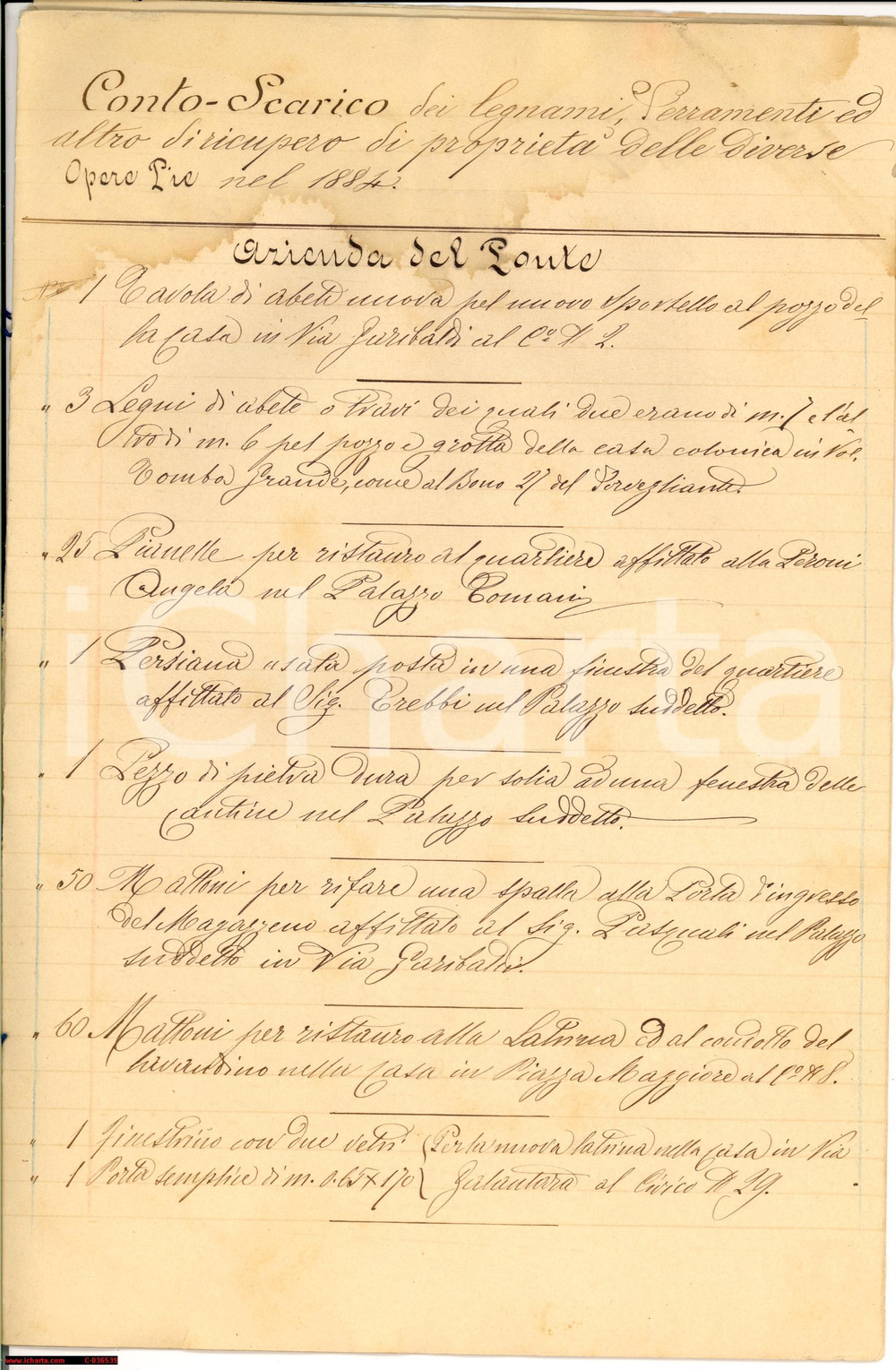 Documento originale, autentico 1884 FANO (PU) inventario magazzini Opere Pie RARO 1