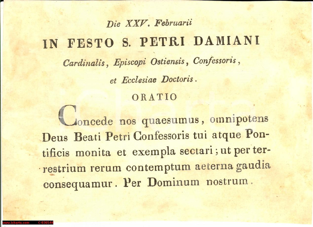 Documento originale, autentico 1850 ca Preghiera a SAN PIER DAMIANI per la sua festa  Oratio 1