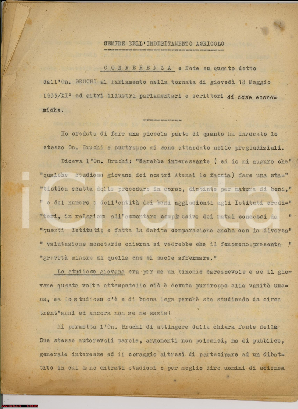 Documento originale, autentico 1933 ROMA risposta all'on. Bruchi debiti agricoltura 1